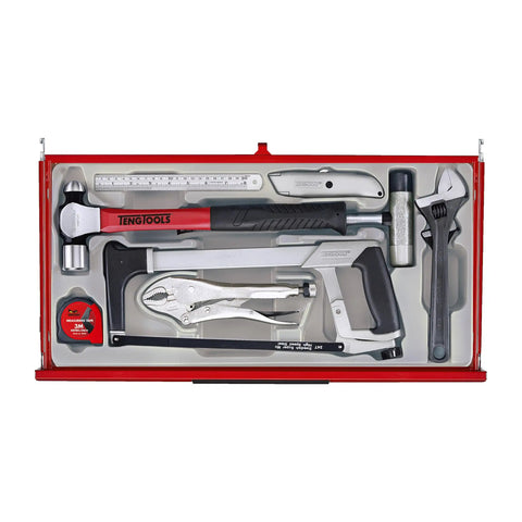 Top view of tools in 137 Piece PRO35 26 Inch Wide Red Starter Tool Kit With Four Drawer Heavy Duty Steel Cabinet Nine Tool Trays Durable Easy Organization