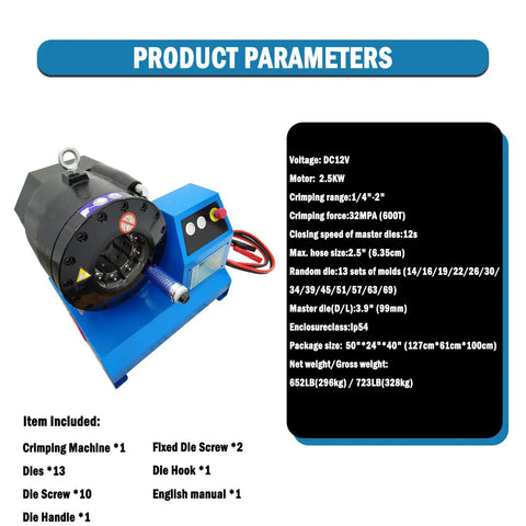Pro Grade Electric Hose Crimper For Hydraulic Tubing And Steel Pipes 1/4 To 2 Inch Crimp Range showing detailed specifications and parameters.