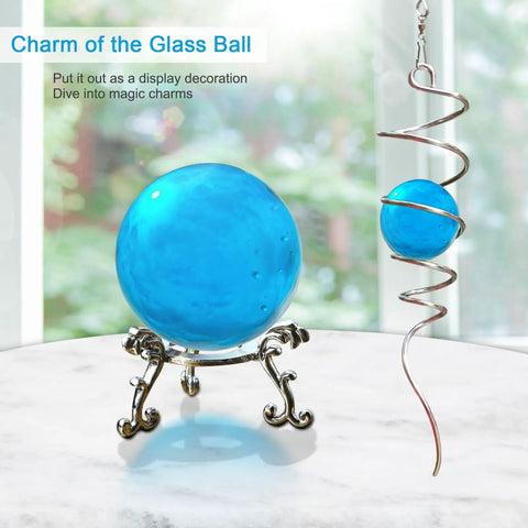 Spinning Gazing Ball With Spiral Tail 11 Inch Tail And 2 Inch Blue Glass Orb Wind Spinner Stabilizer With Swivel Hook Sun Catcher Rainbow Maker For Garden Or Indoor Outdoor Decor 13 Inch Height, blue glass orb on stand