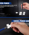 Hands using taper punch and chisel-punch gauge from a 30 Piece Heavy Duty Punch And Chisel Set With Roll Pouch Cold And Cape Chisels Center Pin And Taper Punches Gauge Blackened Painted Finish For Durability And Ready For Tough Jobs Everyday.