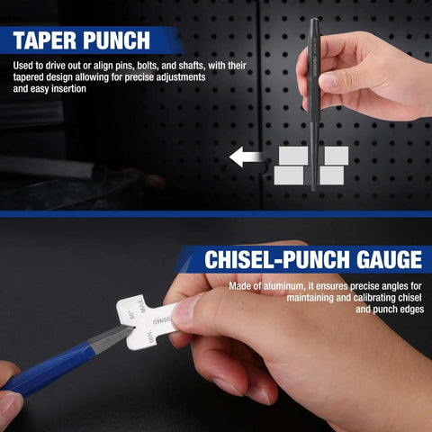 Hands using taper punch and chisel-punch gauge from a 30 Piece Heavy Duty Punch And Chisel Set With Roll Pouch Cold And Cape Chisels Center Pin And Taper Punches Gauge Blackened Painted Finish For Durability And Ready For Tough Jobs Everyday.