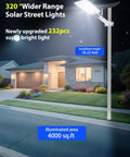 Heavy-Duty Workhorse Solar Street Lights Featuring Dusk To Dawn Auto Sensor And Remote Control For Commercial Parking Areas And Driveways Super Bright LED Flood Lamps illuminating a driveway and lawn.