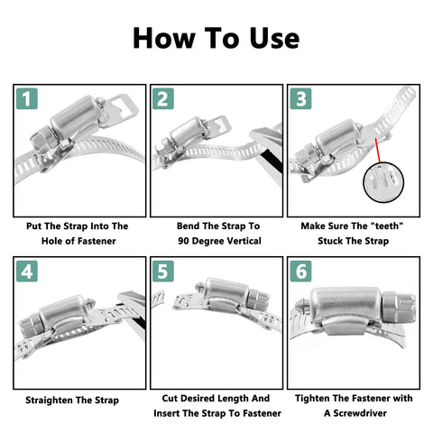 Worm gear hose clamp, 304 stainless steel, adjustable pipe clamp with fasteners, six-step installation guide.