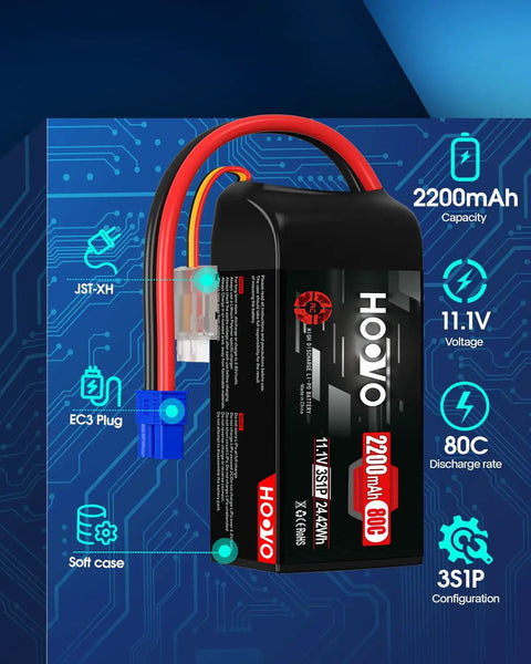 3S LiPo Battery 2200mAh 80C 11.1V Shorty Battery Pack With Soft Case EC3 Connector, specifications and features displayed