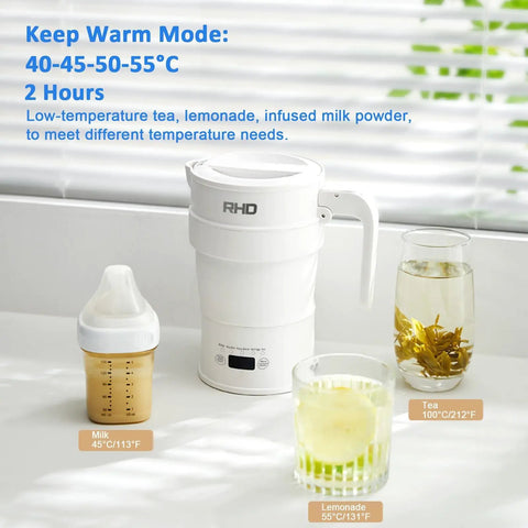 Foldable Electric Kettle 700ml Portable Collapsible Water Boiler With Keep Warm And Delay Start BPA Free 600W 304 Stainless Steel White next to glasses of beverages.