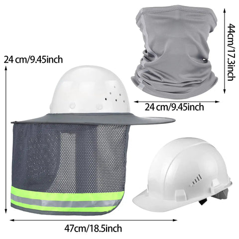 Two Piece Hard Hat Sun Shade With Full Brim Visor And Mesh Neck Gaiter High Visibility Reflective Bandana Face Scarf For Construction Helmets Grey On Job Sites