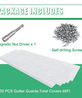 Package includes magnetic nut driver, self-drilling screws, 35 pieces of Heavy Duty Stainless Steel Gutter Guard 48 Ft Universal Fit.