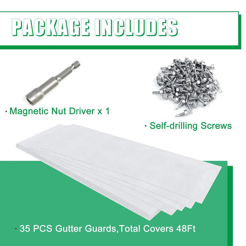 Package includes magnetic nut driver, self-drilling screws, 35 pieces of Heavy Duty Stainless Steel Gutter Guard 48 Ft Universal Fit.