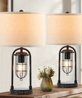 Cool Industrial Modern Table Lamps Set Of 2 With Night Light And Dual USB Ports Type A And Type C Nightstand Lamps Espresso Metal