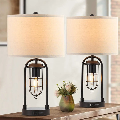 Cool Industrial Modern Table Lamps Set Of 2 With Night Light And Dual USB Ports Type A And Type C Nightstand Lamps Espresso Metal