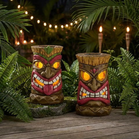 Tiki Head Garden Decor With Solar Outdoor Light Set Of 2 Tropical Hawaiian Resin Yard Sculptures Tiki Torch Statues