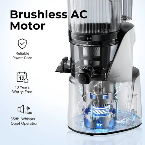 Brushless AC motor of EanOruus 3-in-1 Cold Press Juicer showing reliable power core and quiet operation features.