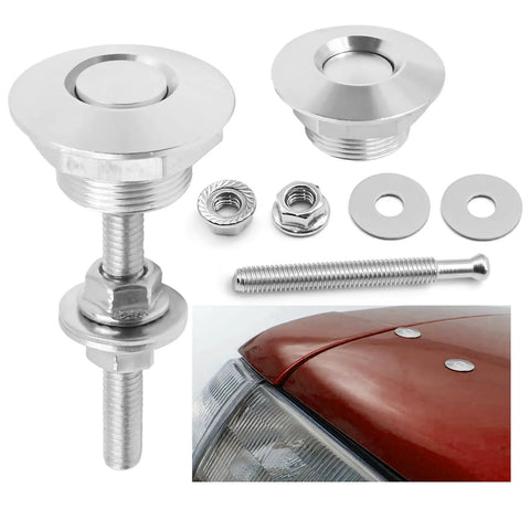 4 Piece Universal Aluminum Hood Pins With Quick Release Lock Latch For Bumpers And License Plates 1.25 Inch Diameter Silver Finish