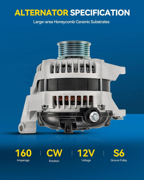 Front view of New 12V 160Amp CW S6 Alternator Replacement 11240N for Jeep Liberty and Dodge SUVs 2007-2013 with 6-groove pulley.