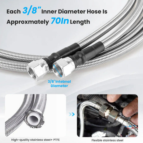 Beefed Up Heavy Duty Stainless Braided Transmission Cooler Line Kit 70 Inch 6AN with 3/8 inch diameter hoses and fittings.