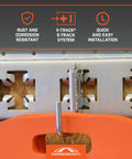 Small Square Hook For E-Track And X-Track Systems, Flat Bottom Design, holding orange tool bag on metal rail