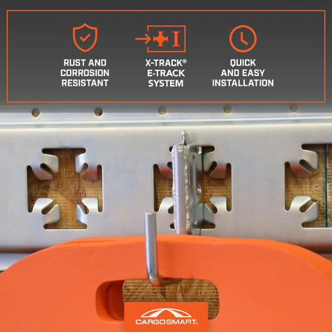 Small Square Hook For E-Track And X-Track Systems, Flat Bottom Design, holding orange tool bag on metal rail