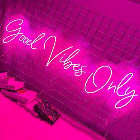 "Good Vibes Only" pink neon sign with dimmable LED lights for bedroom and bar decor huge 56.57 inch wall art on grid