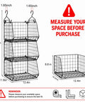 Dead Simple Hanging Closet Organizer With Expansive Tiered Wire Baskets dimensions showing 3-tiered black wire basket organizer.