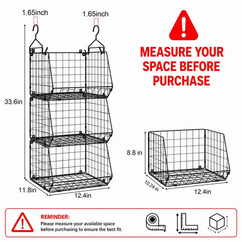 Dead Simple Hanging Closet Organizer With Expansive Tiered Wire Baskets dimensions showing 3-tiered black wire basket organizer.