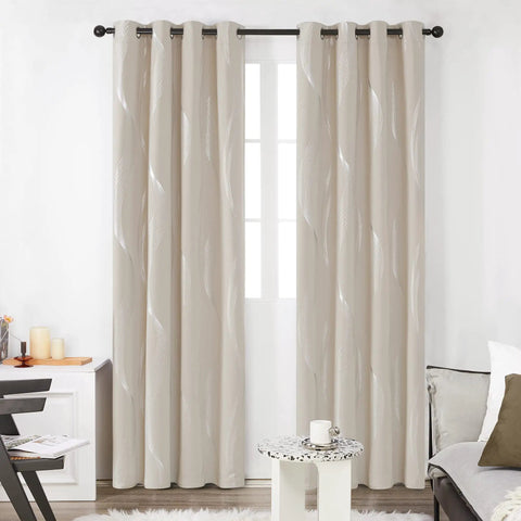 Silver Wave Print Blackout Curtains That Keep It Dark And Quiet With Thermal Insulation And Noise Reduction For Bedroom And Living Room, OEKO-TEX Certified, Light Beige, 52W X 84L, 2 Panels in a living room setting