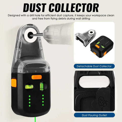 Dust collector attached to Dead On 4 In 1 Wall Laser Level Kit for clean drilling; features dual bubble vials for leveling.