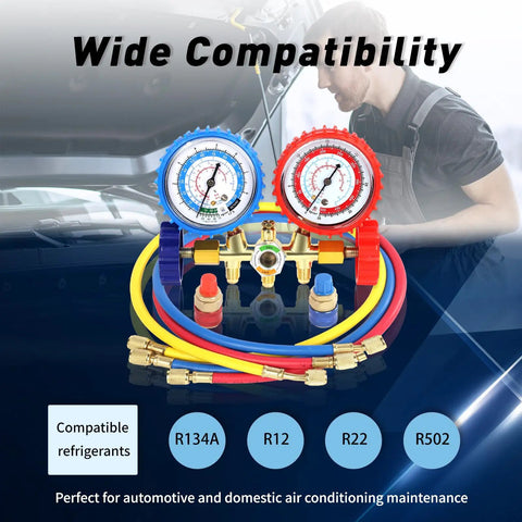 3 Way Brass Manifold Gauge Set For Automotive AC Refrigerant R134A R12 R22 R502 Pro Grade Heavy Duty Kit With Color Coded Hoses And 2 1/4 Inch Straight Quick Couplers, brass gauge set with color hoses