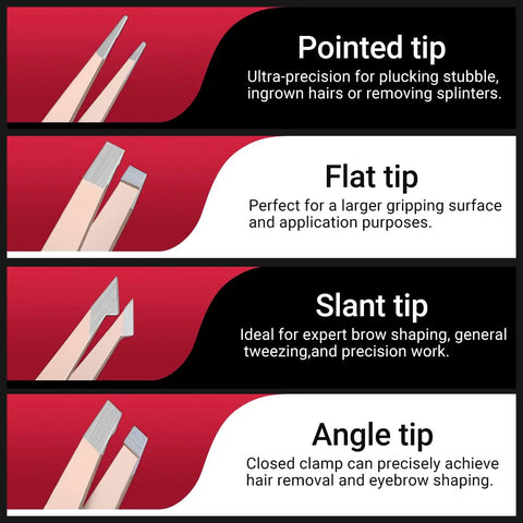 8 In 1 Eyebrow Kit For Women With Case To Elevate Your Brow Game Includes Pointed Flat Slant And Angled Tweezers Trimmer Scissors Razor And Double Sided Brush For Precise Shaping And Daily Facial Hair Cleanup. pointed, flat, slant and angle tips shown