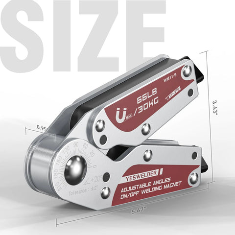 YESWELDER adjustable angle on/off welding magnet in silver with red label, 66 lb (30 kg) holding power
