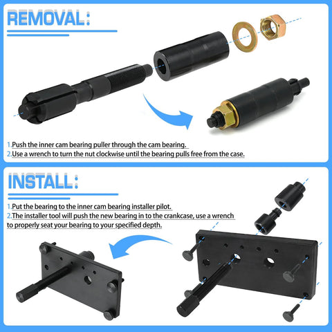 Inner Cam Bearing Installer And Puller Tool For Harley Twin Cam Engines 1999 To 2017 with disassembly and installation instructions