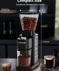 Aromaster Electric Burr Coffee Grinder With 48 Precision Settings And Adjustable Timer in compact black design, suitable for kitchen counters.