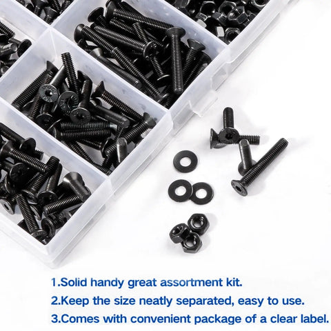Massive 500 Piece M3 Countersunk Head Socket Cap Screws Set 4 6 8 10 12 14 16 20mm with washers and nuts displayed.