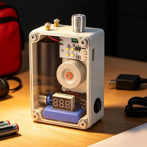 Hand Crank Generator With Adjustable Cob Led Light Portable Usb Charger For Emergency Prep in a compact aluminum case.