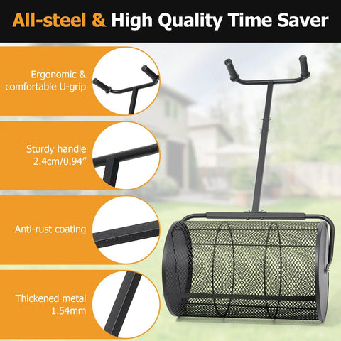 Compost Spreader 24 Inch Wide Peat Moss Spreader With U Shaped Handle Adjustable Height Powder Coated Metal Mesh Hand Fertilizer Spreader For Garden Yard Lawn Care Matte Black, featuring ergonomic U-grip and sturdy design.