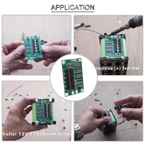 Heavy Duty 3S 40A Lithium Battery Protection Board For 18650 Cells shown during installation process in hobbyist hands.