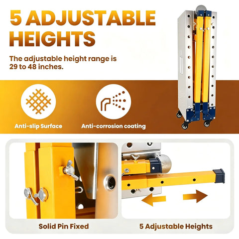 Heavy Duty Rolling Welding Station With Rock Solid Locking Casters And Rust Proof Galvanized Plate Top Adjustable Steel Build Handles Four Thousand Pounds showing adjustable heights from 29 to 48 inches.