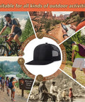 Image collage of outdoor activities with a black cap in the center, suitable for cycling, hiking, climbing, and fishing.