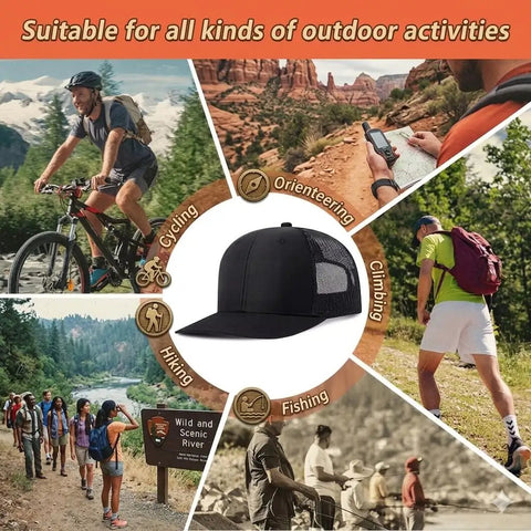 Image collage of outdoor activities with a black cap in the center, suitable for cycling, hiking, climbing, and fishing.