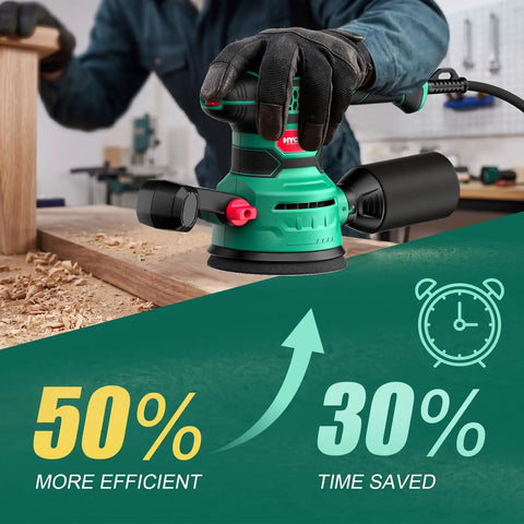 Heavy Duty 5 Inch Random Orbital Sander With 3.8 Amp 450W Motor and Variable Speed Up To 12000 Rpm in use on wood.
