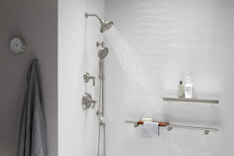Bancroft Three Function Shower Head With Katalyst Massage And Silk Sprays, 2.5 GPM handheld showerhead in polished chrome spraying water