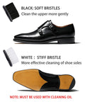 Advanced Electric Shoe Cleaner And High Torque Polisher Brush Featuring Portable Usb Recharge For Detailed Sneaker And Leather Grooming Routine That Keeps Your Favorite Sneaks Looking Crisp And Fly All Season Long, showing black soft bristle and white stiff bristle brushes with polished leather shoe.