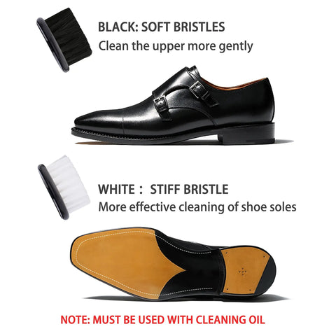 Advanced Electric Shoe Cleaner And High Torque Polisher Brush Featuring Portable Usb Recharge For Detailed Sneaker And Leather Grooming Routine That Keeps Your Favorite Sneaks Looking Crisp And Fly All Season Long, showing black soft bristle and white stiff bristle brushes with polished leather shoe.