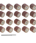 21 Piece Flap Sanding Wheel Kit With 3mm Shank For Rotary Tools Easy Install All Purpose Abrasive Discs For Rough Grinding And Finishing On Wood Metal Plastic Great For Sanding Shaping And Polishing Projects, showing arranged sanding wheels and shank.