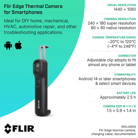 Wireless Bluetooth Thermal Imaging Camera For iOS And Android Turns Your Smartphone Into A Handy Heat Vision Tool With 240 By 180 Resolution And MSX Image Fusion For Clear Inspections. FLIR Edge thermal camera, black clip-on design, 1.5 x 5.9 x 1.4 in