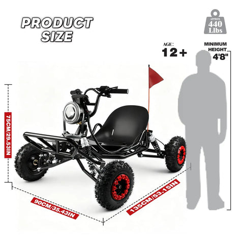 Rugged 2000W Electric Go Kart For Adults And Kids Off Road Beast with size dimensions and silhouette for height comparison