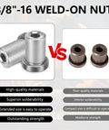 Eight Piece 3/8 Inch 16 Long Thread Stepped Weld On Nuts For Heavy Duty Chassis Tab Mounting Dead Simple Drop In Fit Garage Grade Precision Machined High Strength Steel Retail Pack comparison with inferior nuts