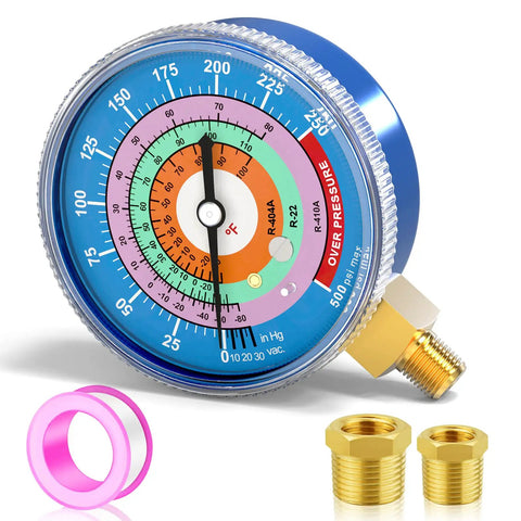 Refrigeration Pressure Gauge For AC Systems, Pro Grade 1/8 Inch NPT, 30 In Hg To 250 Psi Range, blue face with included bushings.