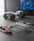 Heavy Duty Aluminum Alloy RC Linkage Kit For 1/16 Scale Model Vehicles With High Strength Damping System displayed with tools and vehicle parts.