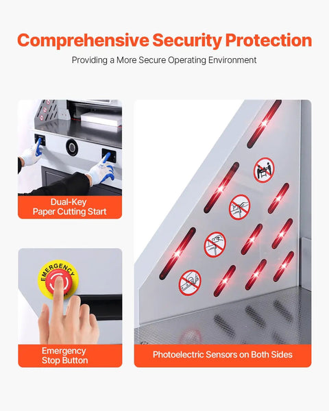 VEVOR Heavy Duty Electric Paper Cutter With 19 Inch Cutting Width And 3 Inch Depth Cuts Up To 800 Sheets Effortlessly featuring security controls and sensors.