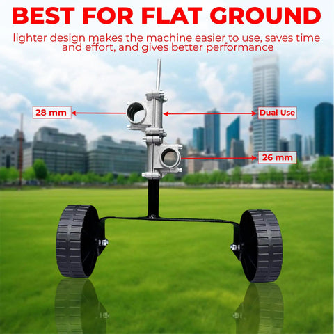 Universal String Trimmer Wheel Attachment Fits 26mm And 28mm Shafts showing dual use feature and wheels for easy lawn care.